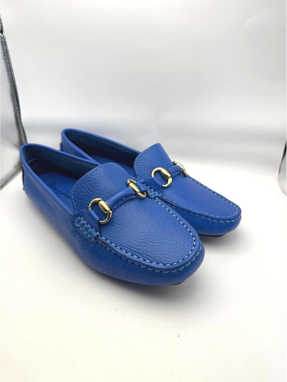 Massimo Matteo Women's 8.5 Blue Leather Slip-On Loafers with Gold Tone Buckle